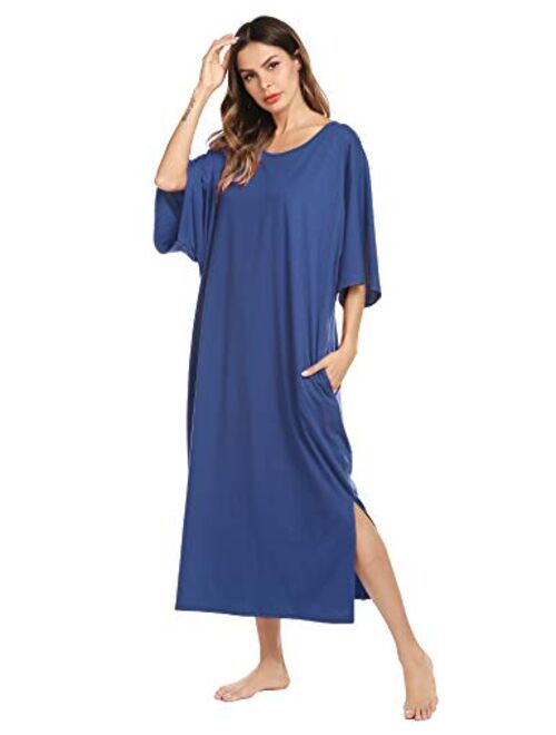 Ekouaer Nightgown, Womens Round Neck/V Neck Loungewear Oversized Pajama Loose Pockets Long Sleep Dress