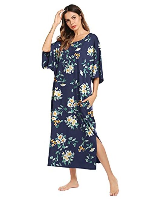 Ekouaer Nightgown, Womens Round Neck/V Neck Loungewear Oversized Pajama Loose Pockets Long Sleep Dress