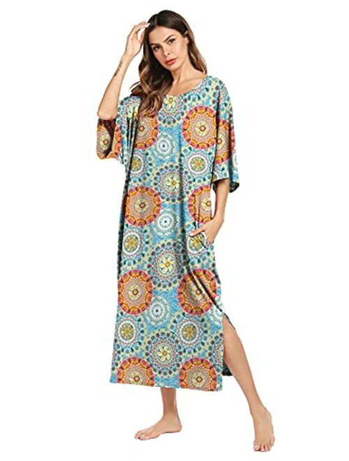 Ekouaer Nightgown, Womens Round Neck/V Neck Loungewear Oversized Pajama Loose Pockets Long Sleep Dress