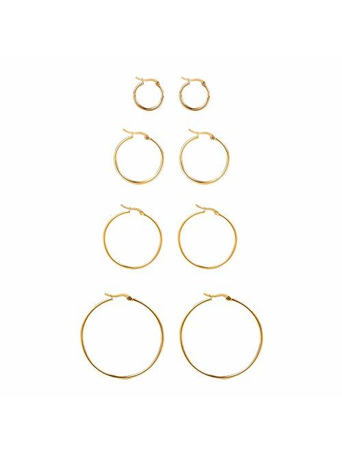 HooAMI 4 Pairs Stainless Steel Hoop Earrings Set for Women Girls Medium Hoop Earirings 20mm-45mm