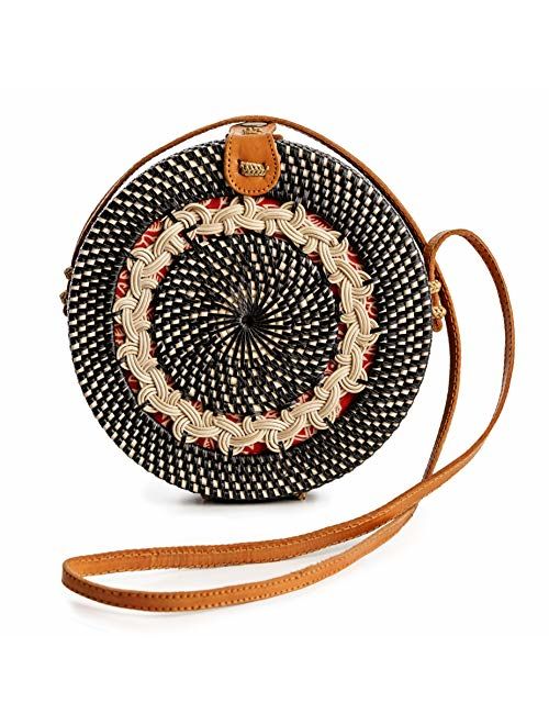 Rattan Bags for Women - Handmade Wicker Woven Purse Handbag Circle Boho Bag Bali