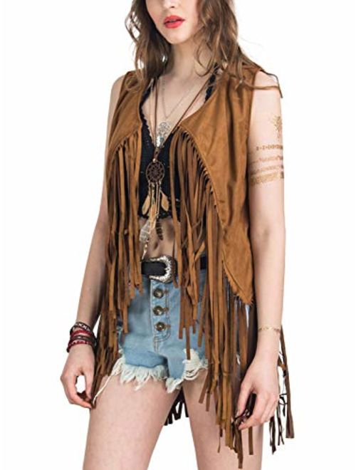 PERSUNWomen'sFringeVestFauxSuedeOpenFrontSleevelessVestCardigan 70S Hippie Clothes