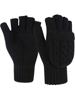 Novawo Women Winter Warm Wool Blend Knitted Convertible Gloves with Mitten Cover