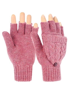 Novawo Women Winter Warm Wool Blend Knitted Convertible Gloves with Mitten Cover