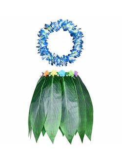 KEFAN Leaf Hula Skirt and Hawaiian Leis Set Grass Skirt with Artificial Hibiscus Flowers for Hula Costume and Beach Party