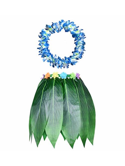 KEFAN Leaf Hula Skirt and Hawaiian Leis Set Grass Skirt with Artificial Hibiscus Flowers for Hula Costume and Beach Party