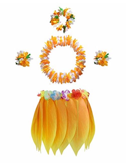 KEFAN Leaf Hula Skirt and Hawaiian Leis Set Grass Skirt with Artificial Hibiscus Flowers for Hula Costume and Beach Party