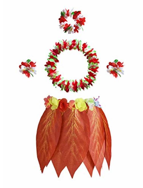 KEFAN Leaf Hula Skirt and Hawaiian Leis Set Grass Skirt with Artificial Hibiscus Flowers for Hula Costume and Beach Party