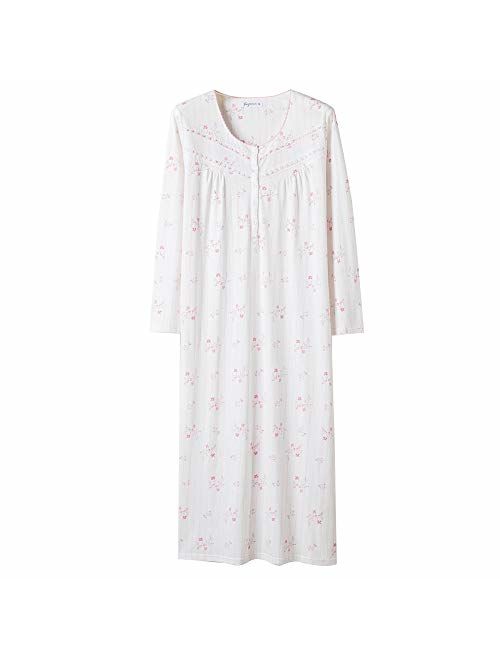 Keyocean Women Nightgowns Cotton, Soft Warm Lightweight Long-Sleeve Long Nightdress, Comfy Sleepwear Loungewear for Women