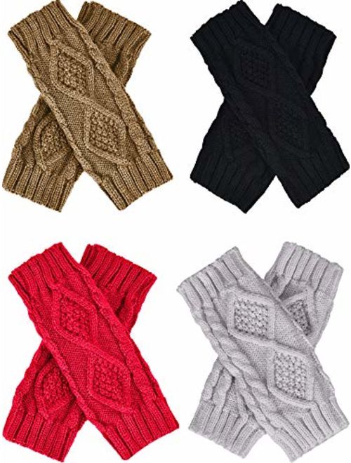 Tatuo 4 Pairs Women's Crochet Fingerless Gloves Knit Arm Warmers Sleeves Rhombus Gloves Thumb Hole Mittens