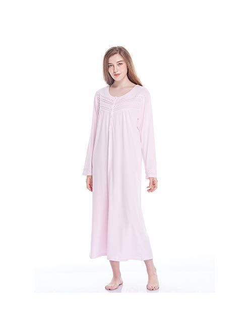 Keyocean Nightgowns for Women All Cotton Soft Lightweight Long Sleeve Long Nightshirt Sleepwear for Women