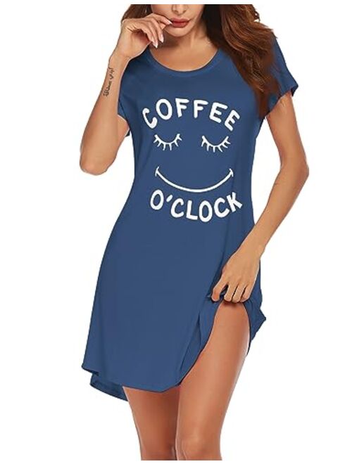 Hotouch Night Shirt Women's Print Sleepwear Cute Short Sleeve Sleep Shirts Cotton Nightgown Soft Nightwear S-XXL