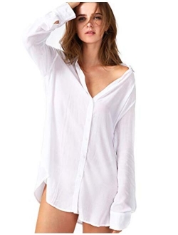 TOUSYEA Sleep Shirts for Women Button Down Shirts Long Sleeve Sleepwear Swimsuit Cover Ups Soft Pajama Tops