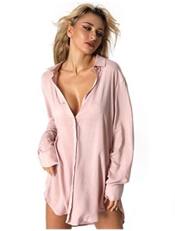 TOUSYEA Sleep Shirts for Women Button Down Shirts Long Sleeve Sleepwear Swimsuit Cover Ups Soft Pajama Tops