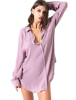 TOUSYEA Sleep Shirts for Women Button Down Shirts Long Sleeve Sleepwear Swimsuit Cover Ups Soft Pajama Tops