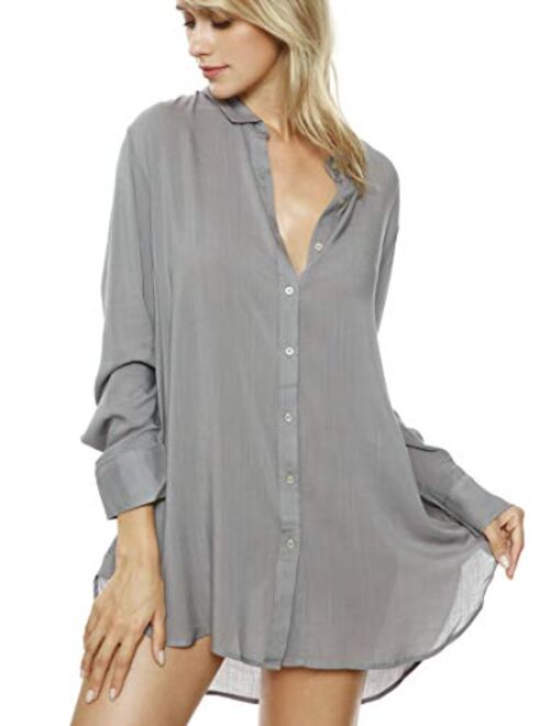 TOUSYEA Sleep Shirts for Women Button Down Shirts Long Sleeve Sleepwear Swimsuit Cover Ups Soft Pajama Tops