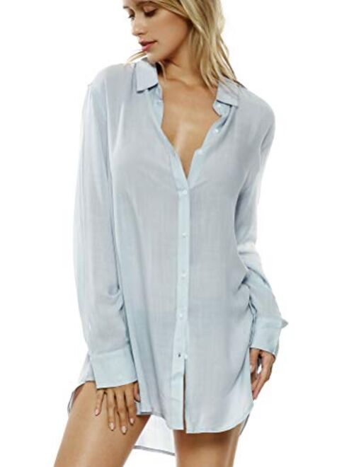 TOUSYEA Sleep Shirts for Women Button Down Shirts Long Sleeve Sleepwear Swimsuit Cover Ups Soft Pajama Tops