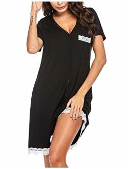 Women's Nightgown Striped Tee Short Sleeve Sleep Nightshirt with Front Pocket