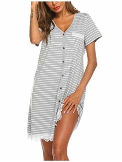 Women's Nightgown Striped Tee Short Sleeve Sleep Nightshirt with Front Pocket