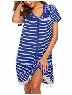 Women's Nightgown Striped Tee Short Sleeve Sleep Nightshirt with Front Pocket