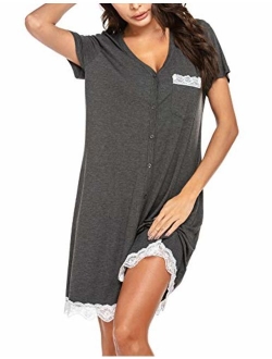 Women's Nightgown Striped Tee Short Sleeve Sleep Nightshirt with Front Pocket