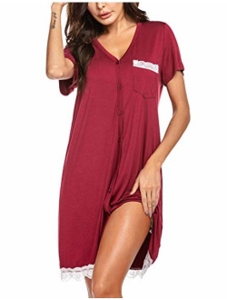 Women's Nightgown Striped Tee Short Sleeve Sleep Nightshirt with Front Pocket