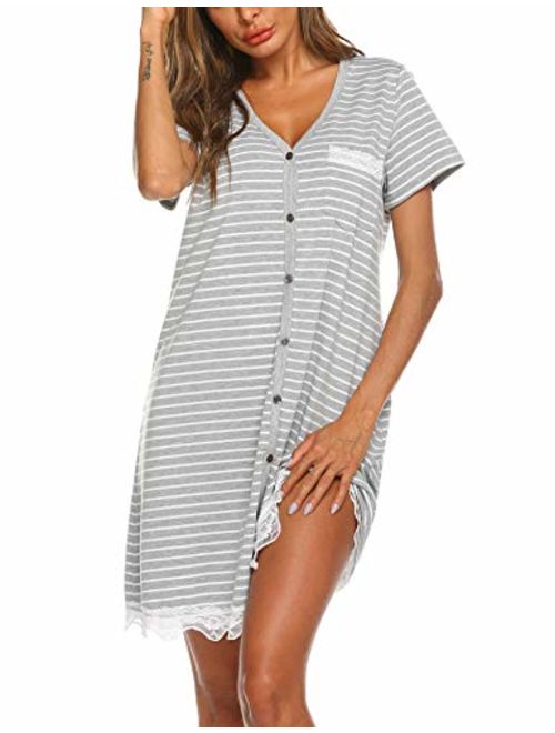 Ekouaer Women's Nightgown Striped Tee Short Sleeve Sleep Nightshirt with Front Pocket