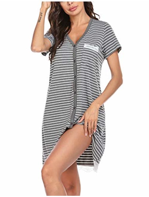 Ekouaer Women's Nightgown Striped Tee Short Sleeve Sleep Nightshirt with Front Pocket