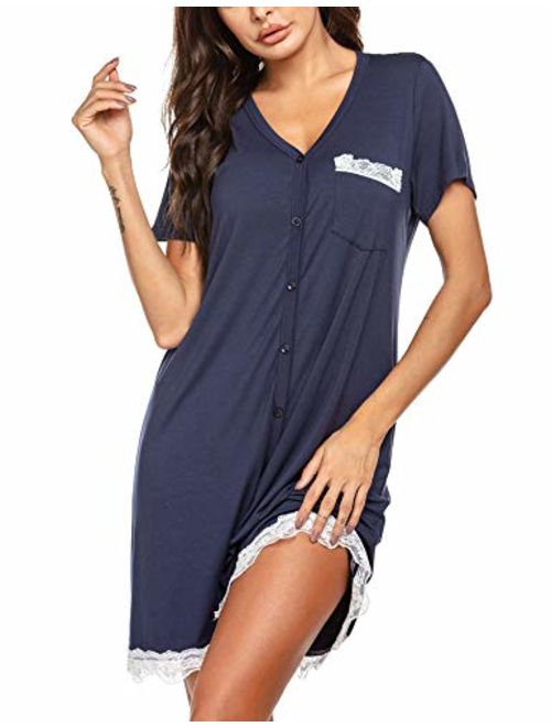 Ekouaer Women's Nightgown Striped Tee Short Sleeve Sleep Nightshirt with Front Pocket