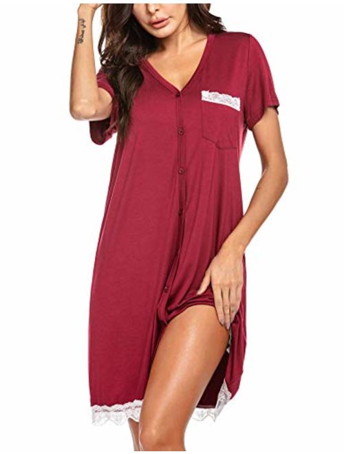 Ekouaer Women's Nightgown Striped Tee Short Sleeve Sleep Nightshirt with Front Pocket