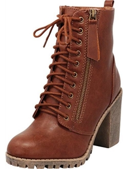 Cambridge Select Women's Closed Round Toe Lace-Up Chunky Heel Moto Combat Boot