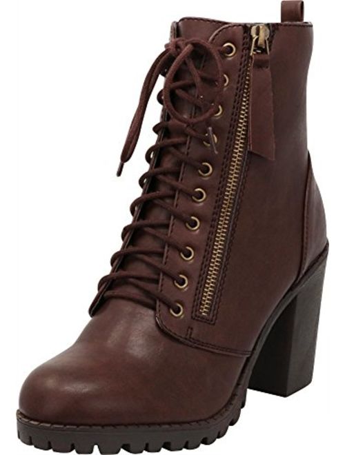 Cambridge Select Women's Closed Round Toe Lace-Up Chunky Heel Moto Combat Boot