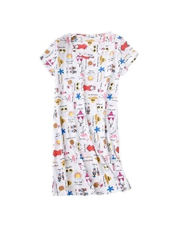 PNAEONG Women's Cotton Nightgown Sleepwear Short Sleeves Shirt Casual Print Sleepdress