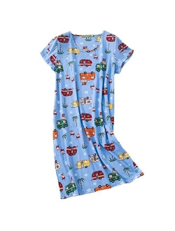 PNAEONG Women's Cotton Nightgown Sleepwear Short Sleeves Shirt Casual Print Sleepdress