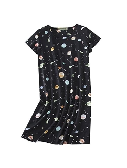 PNAEONG Women's Cotton Nightgown Sleepwear Short Sleeves Shirt Casual Print Sleepdress