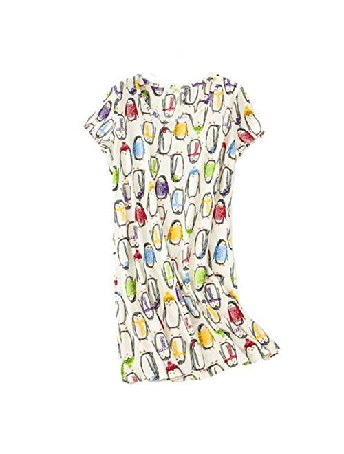 PNAEONG Women's Cotton Nightgown Sleepwear Short Sleeves Shirt Casual Print Sleepdress