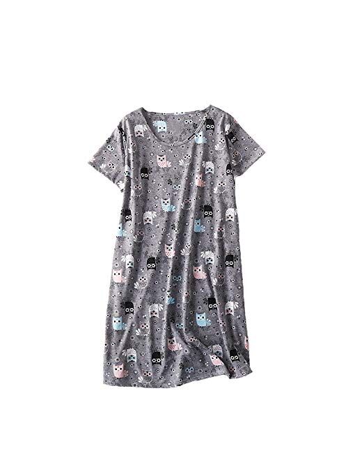 PNAEONG Women's Cotton Nightgown Sleepwear Short Sleeves Shirt Casual Print Sleepdress