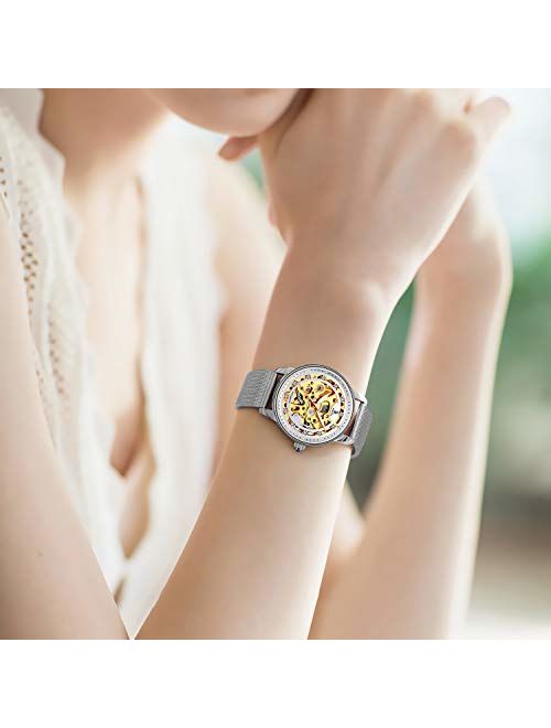 Women's Watch Luxury Mechanical Stainless Steel Skeleton Steampunk Automatic Self Winding Wristwatch