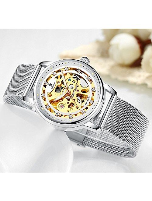 Women's Watch Luxury Mechanical Stainless Steel Skeleton Steampunk Automatic Self Winding Wristwatch