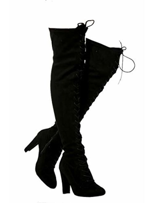 Wild Diva Women's Over The Knee Boot - Sexy Over The Knee High Pullon Boot - Trendy Low Block Heel Shoe - Comfortable Boot -(Wide Calf FIT & Regular FIT)