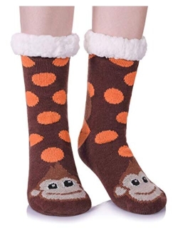 Womens Sherpa Winter Fleece Lining Knit Animal Socks Non Slip Warm Fuzzy Cozy Slipper Socks