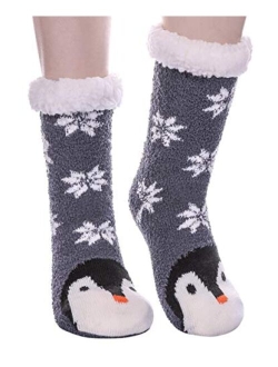 Womens Sherpa Winter Fleece Lining Knit Animal Socks Non Slip Warm Fuzzy Cozy Slipper Socks