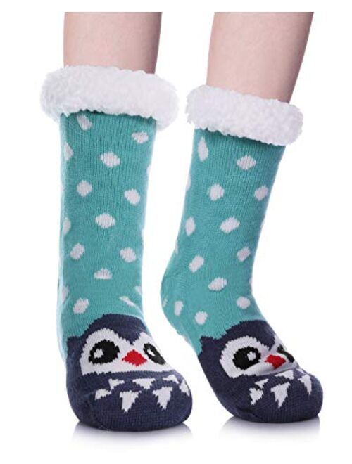 Womens Sherpa Winter Fleece Lining Knit Animal Socks Non Slip Warm Fuzzy Cozy Slipper Socks