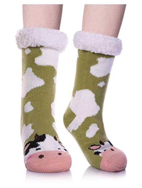 Womens Sherpa Winter Fleece Lining Knit Animal Socks Non Slip Warm Fuzzy Cozy Slipper Socks