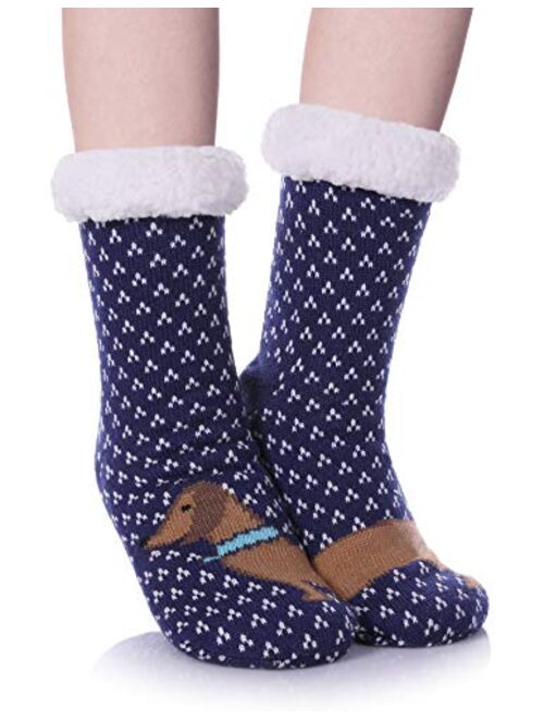 Womens Sherpa Winter Fleece Lining Knit Animal Socks Non Slip Warm Fuzzy Cozy Slipper Socks