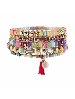 Bohemian Mix Bead Multi Layer Versatile Statement Bracelets - Stackable Beaded Strand Stretch Bangles Sparkly Crystal, Tassel Charm