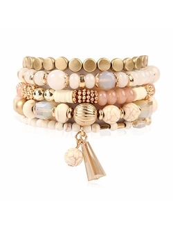 Bohemian Mix Bead Multi Layer Versatile Statement Bracelets - Stackable Beaded Strand Stretch Bangles Sparkly Crystal, Tassel Charm