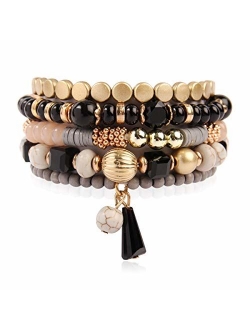 Bohemian Mix Bead Multi Layer Versatile Statement Bracelets - Stackable Beaded Strand Stretch Bangles Sparkly Crystal, Tassel Charm