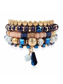 Bohemian Mix Bead Multi Layer Versatile Statement Bracelets - Stackable Beaded Strand Stretch Bangles Sparkly Crystal, Tassel Charm