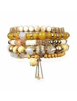 Bohemian Mix Bead Multi Layer Versatile Statement Bracelets - Stackable Beaded Strand Stretch Bangles Sparkly Crystal, Tassel Charm